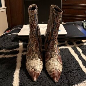 Jeffrey Campbell Snakeskin Print Coma 3 Pointed Toe Block Heel Bootie 10 Womens